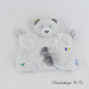 Doudou plat panda SUCRE D'ORGE gris blanc attache tétine 20 cm