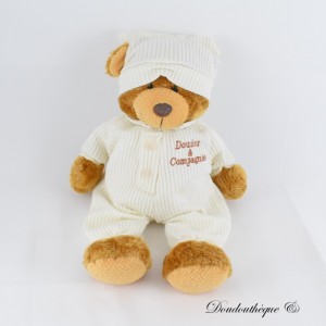 DOUDOU ET COMPAGNIE Bärenpyjama aus Plüsch und beigefarbene geprägte Nachtmütze 36 cm