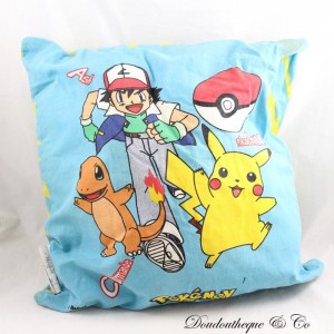 Vintage Kissen Pokémon NINTENDO Pikachu Sasha und Glumanda Pokéball blauer Stoff 34 cm