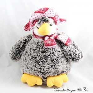 Pinguin Plüsch ENESCO Pelz grau meliert Schal Hut weiß rot 30 cm