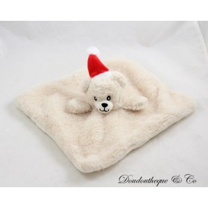 Flaches Bär Kuscheltier TEX BABY beige Nikolaus Mütze Carrefour 26 cm