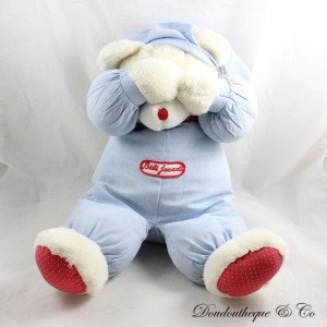 Vintage JACADI Bär Plüsch Blauer Pyjama mit Jacadi Baby Patch Hut 43 cm