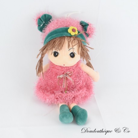 Puppenplüsch SANS MARQUE Kleid und Hut rosa gelbe Blume 45 cm