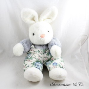 Vintage Plüsch Kaninchen CASINO Latzhose Blumenstoffe gestreift blau weiß 45 cm