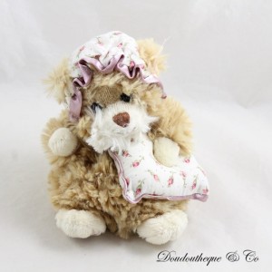 Mini Teddybär BUKOWSKI Beige Kissen und Blumen Nachtmütze 16 cm