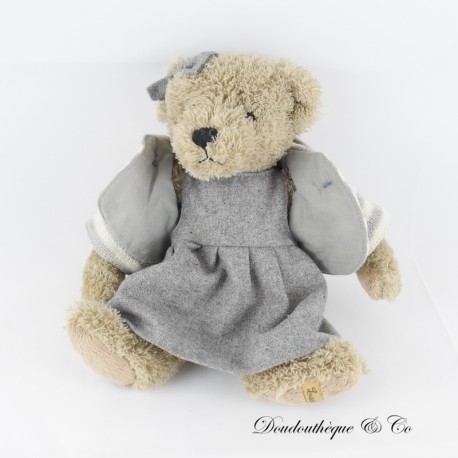 Stoffbär LOUISE MANSEN graues Kleid graue und weiße Weste 26 cm