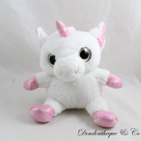Grandi occhi di peluche unicorno bianco e rosa Grandi occhi di peluche unicorno bianco e rosa