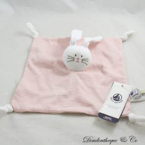 Flaches Kaninchen Kuscheltier PETIT BATEAU Gestreifte Milleraies rosa weiß 4 geknüpfte Ecken Stoffe 22 cm