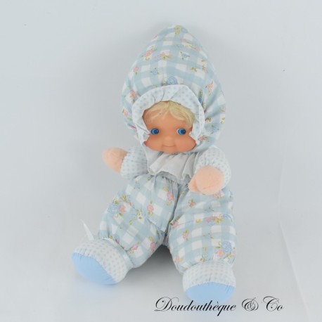 Puppenlumpenkopf Silikon blaue Augen Vintage Blumenstoffe 35 cm