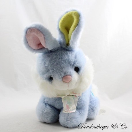 Coniglio di peluche vintage AUCHAN blu bianco cuore ricamato nota musicale 24 cm Coniglio di peluche vintage AUCHAN blu bianco cuore ricamato nota musicale 24 cm
