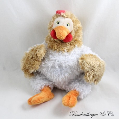 Peluche coq poule TRUDI blanc marron rouge poils longs bouclés 26 cm Peluche coq poule TRUDI blanc marron rouge poils longs bouclés 26 cm