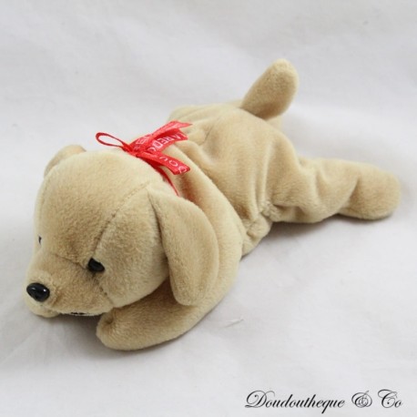 LA REDOUTE hellbraunes längliches rotes Satinband Hundeplüsch 21 cm LA REDOUTE hellbraunes längliches rotes Satinband Hundeplüsch 21 cm