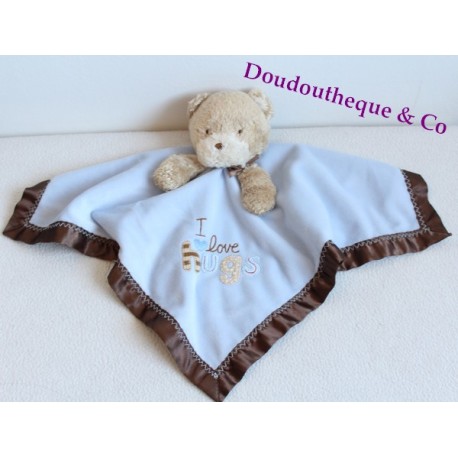 Doudou flat bear CARTER's blue and Brown satin Bell I love hugs 37 cm