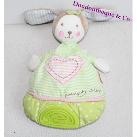 Doudou semi plat lapin BABYSUN vert et rose Beauty Sleep 28 cm