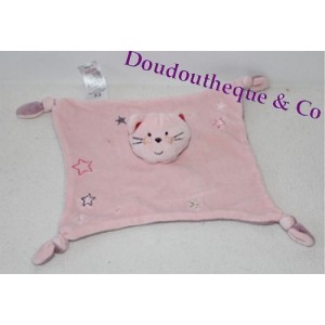 Doudou plat Chat ABSORBA étoiles rose mauve 4 noeuds 20 cm