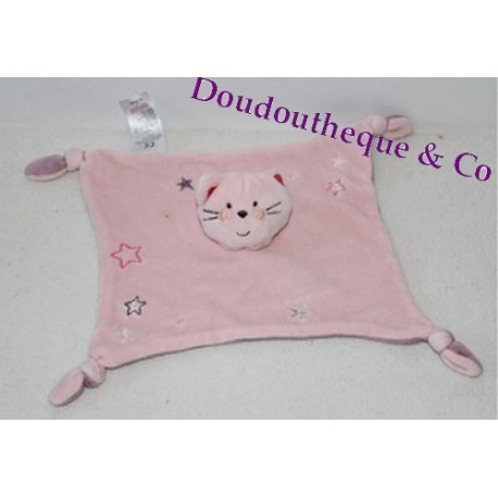 Doudou plat Chat ABSORBA étoiles rose mauve 4 noeuds 20 cm