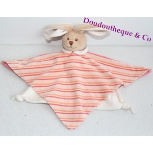 Doudou plat lapin BUKOWSKI rose rayé collerette autour du cou 33 cm