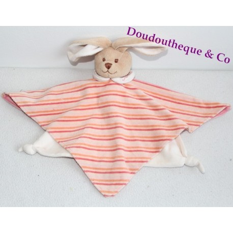 Doudou plat lapin BUKOWSKI rose rayé collerette autour du cou 33 cm Doudou plat lapin BUKOWSKI rose rayé collerette autour du cou 33 cm