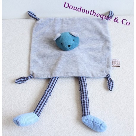 Doudou Ours Plat THEO ET INES Bleu Et Gris Longue Jambe